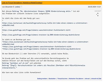 Screenshot eines Forenbeitrags über Markdown-Formatierung