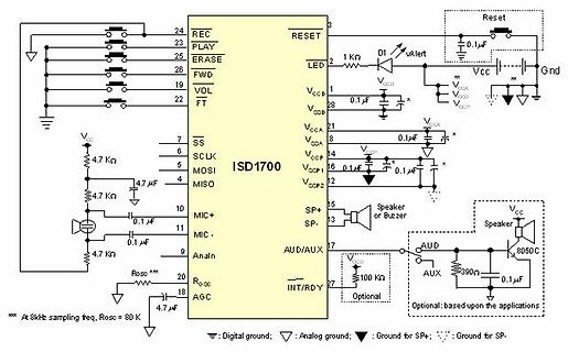 Schaltplan eines ISD1700 Sprachaufnahmemoduls
