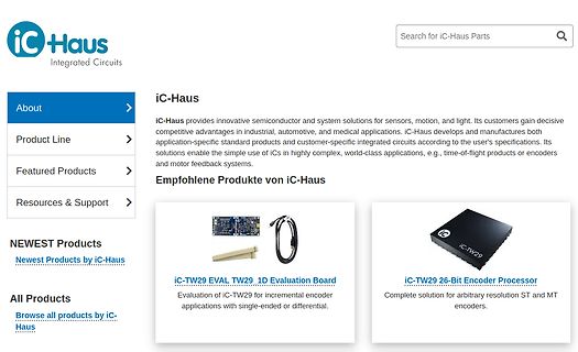 Website von iC-Haus mit Produktinformationen