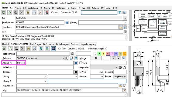 Software-Screenshot einer Bauteilverwaltung mit Datenblattzeichnung