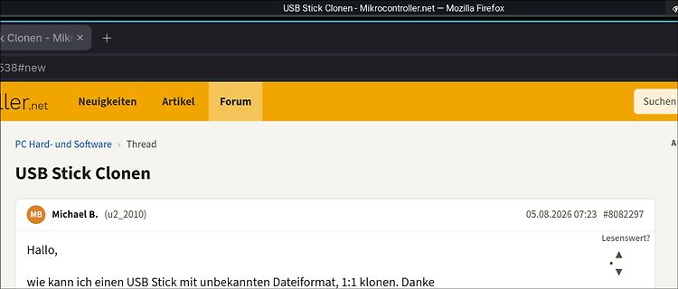 Screenshot eines Forenbeitrags über USB-Stick-Klonen