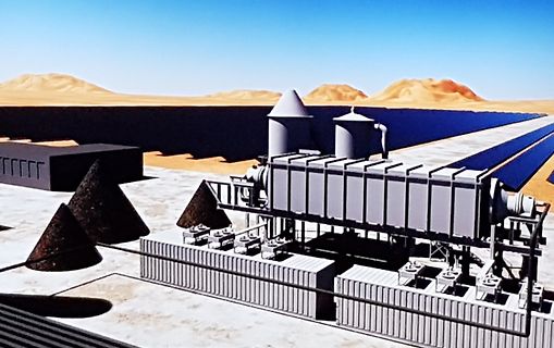 3D-Rendering einer Industrieanlage in Wüstenlandschaft