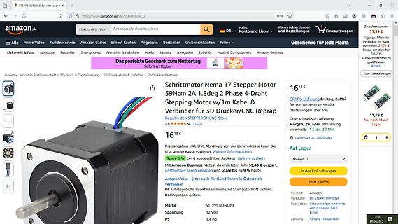 Amazon Produktseite für einen Schrittmotor
