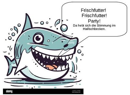 Comic-Zeichnung eines lachenden Haifischs mit Sprechblase
