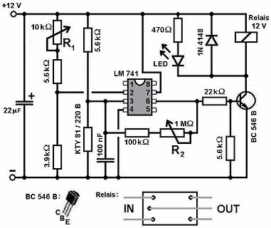 Schaltplan mit LM741 Operationsverstärker und Relais