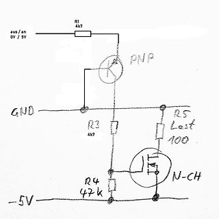 Handgezeichneter Schaltplan mit PNP-Transistor und N-CH MOSFET