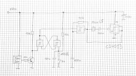 Handgezeichneter Schaltplan mit Piezo-Lautsprecher und CD4093