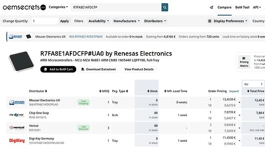 Screenshot einer Webseite eines Elektronik-Distributors