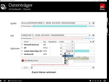 Screenshot einer Klon-Software für Festplatten