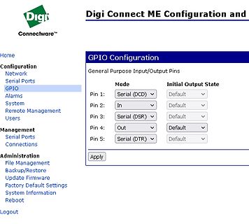 Webinterface zur GPIO-Konfiguration eines Digi Connectware