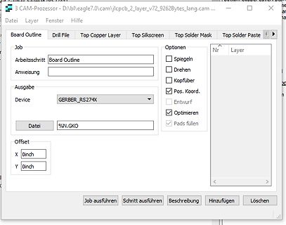 CAM-Prozessor Software Fenster für Board Outline