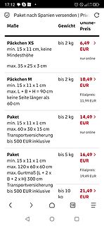 Preistabelle für Paketversand nach Spanien