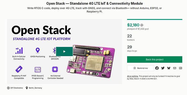 Kickstarter-Seite für Open Stack 4G LTE IoT Plattform