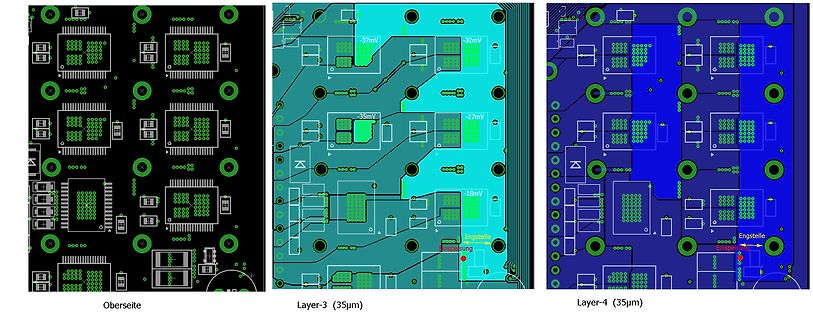 CAD-Ansichten verschiedener Leiterplatten-Layer mit Spannungsanalyse