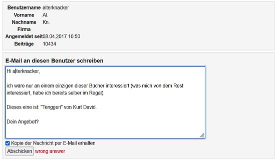 Screenshot einer Foren-Nachricht an einen Benutzer