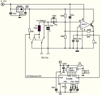 Schaltplan einer LC-Messschaltung mit LM311 und Tiny84