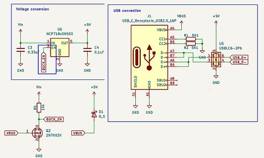 Schaltplan einer Spannungskonvertierung und USB-Verbindung