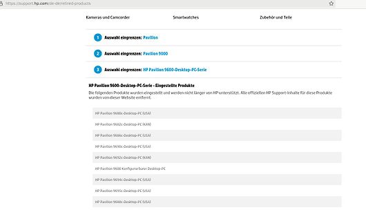 HP Support-Webseite für eingestellte Desktop-PC-Serien