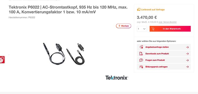 Webshop-Produktseite eines Tektronix Stromtastkopfs