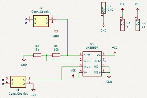 Schaltplan mit LM358 Operationsverstärker und Koaxialanschlüssen
