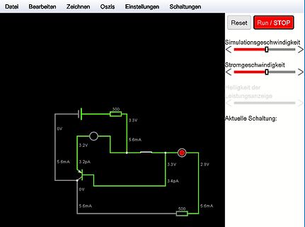 Screenshot einer Elektronik-Simulationssoftware mit Schaltplan