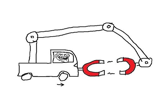 Comic-Zeichnung eines Autos mit Magnetarm und Trollface