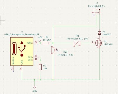Schaltplan mit USB-Anschluss, MOSFET und Thermistor