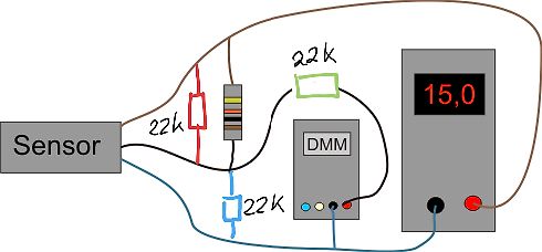 Skizze eines Messaufbaus mit Sensor und DMM