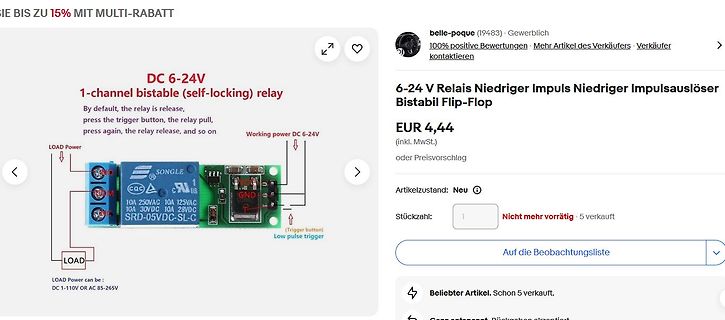 Screenshot eines Online-Shops für ein bistabiles Relais-Modul