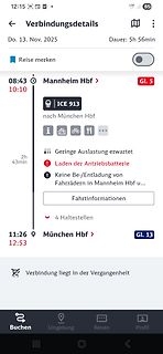 Screenshot einer Zugverbindung in einer App