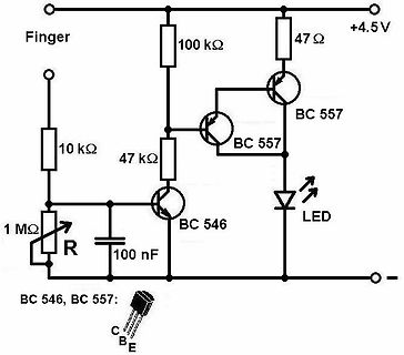 Schaltplan einer Berührungsschaltung mit Transistoren und LED