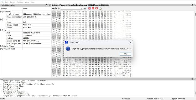 J-Flash Software Fenster mit Hex-Dump und Erfolgsmeldung