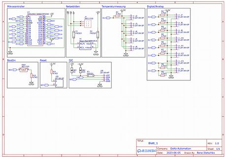 Schaltplan einer Mikrocontroller-Schaltung mit Netzteil und Sensoren