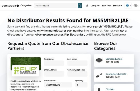 Website Fehlermeldung für Bauteilsuche