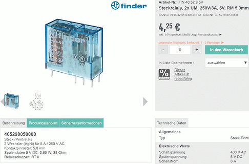 Webshop-Produktseite eines Finder Relais