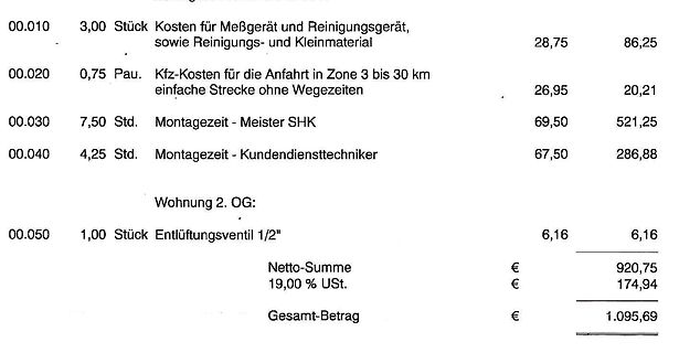 Ausschnitt einer Rechnung für Handwerksleistungen
