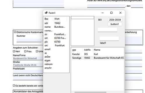 Screenshot eines Software-Formulars