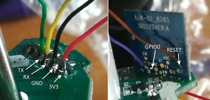 Verdrahtung einer Leiterplatte mit TX, RX, GND, 3V3, GPIO0, RESET