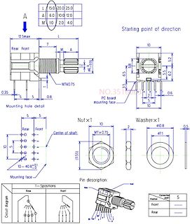 Technische Zeichnung und Schaltplan eines Potentiometers