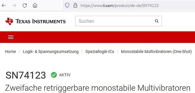 Webseite von Texas Instruments zum SN74123