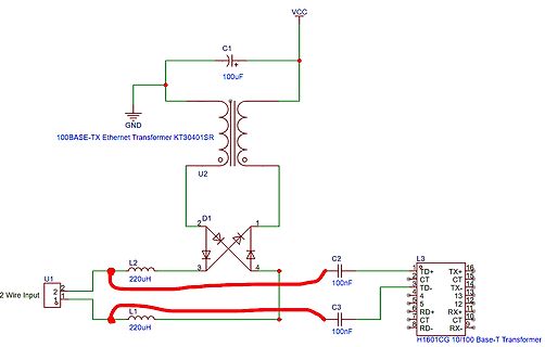 Schaltplan eines Ethernet-Transformators mit Leistungsstufe