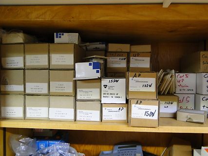 Regale mit beschrifteten Kartons