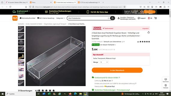 Temu Produktseite für Acryl-Organizer-Boxen