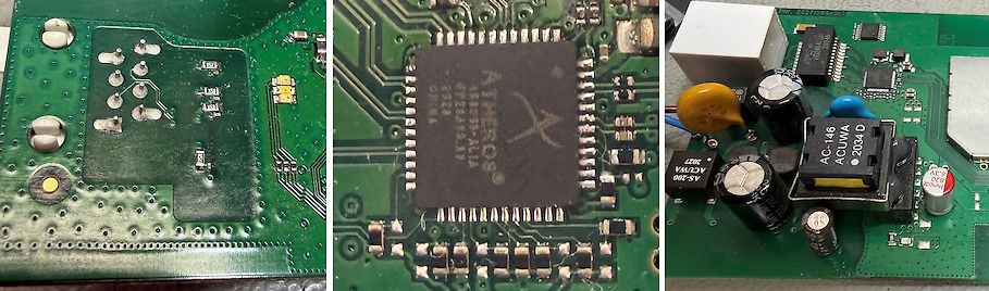 Nahaufnahme einer Leiterplatte mit Atheros Chip und Bauteilen