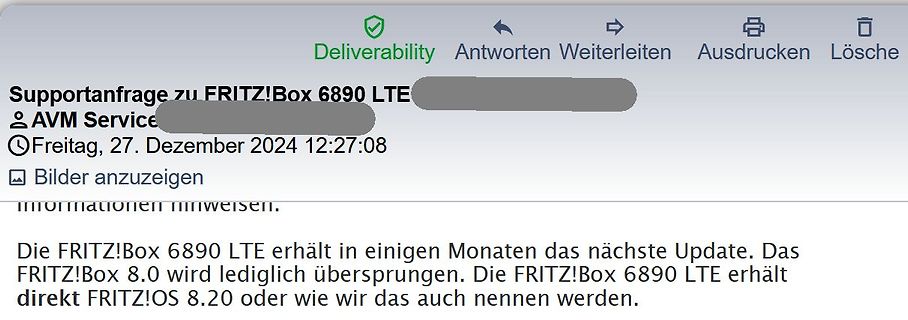 Screenshot einer Supportanfrage zur FRITZ!Box 6890 LTE