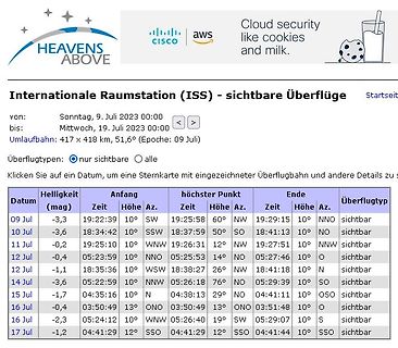Tabelle mit ISS-Überflügen und Werbebanner