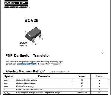 Datenblatt des BCV26 PNP Darlington Transistors