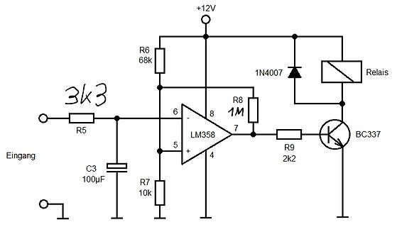 Schaltplan einer Relaissteuerung mit LM358