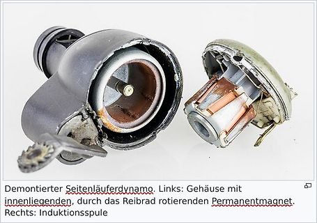 Demontierter Seitenläuferdynamo mit Gehäuse und Induktionsspule