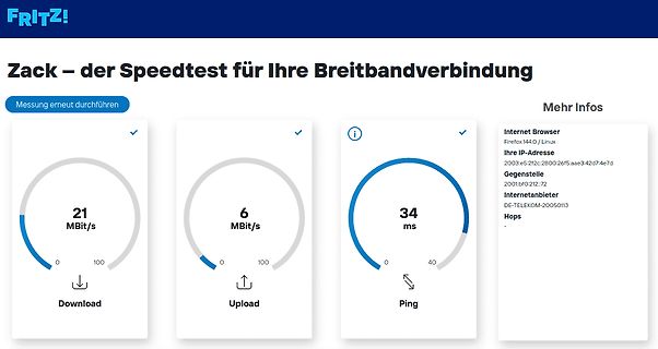 Speedtest-Ergebnisse einer Breitbandverbindung